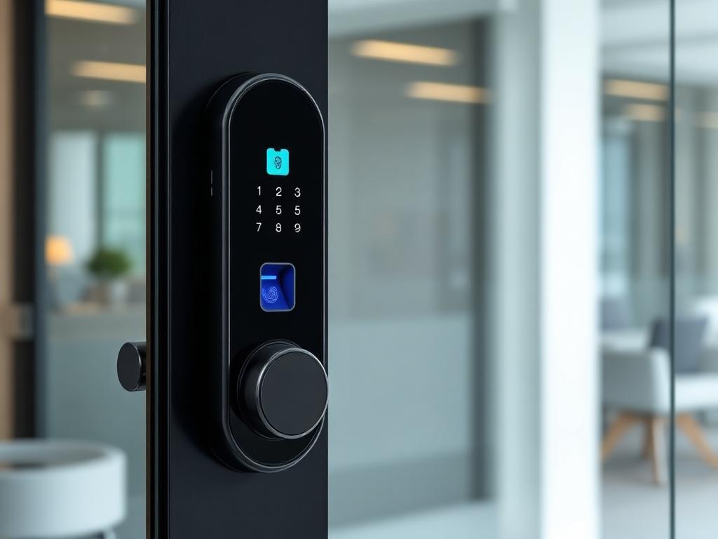 Fingerprint access control reader installed at a secured office entrance