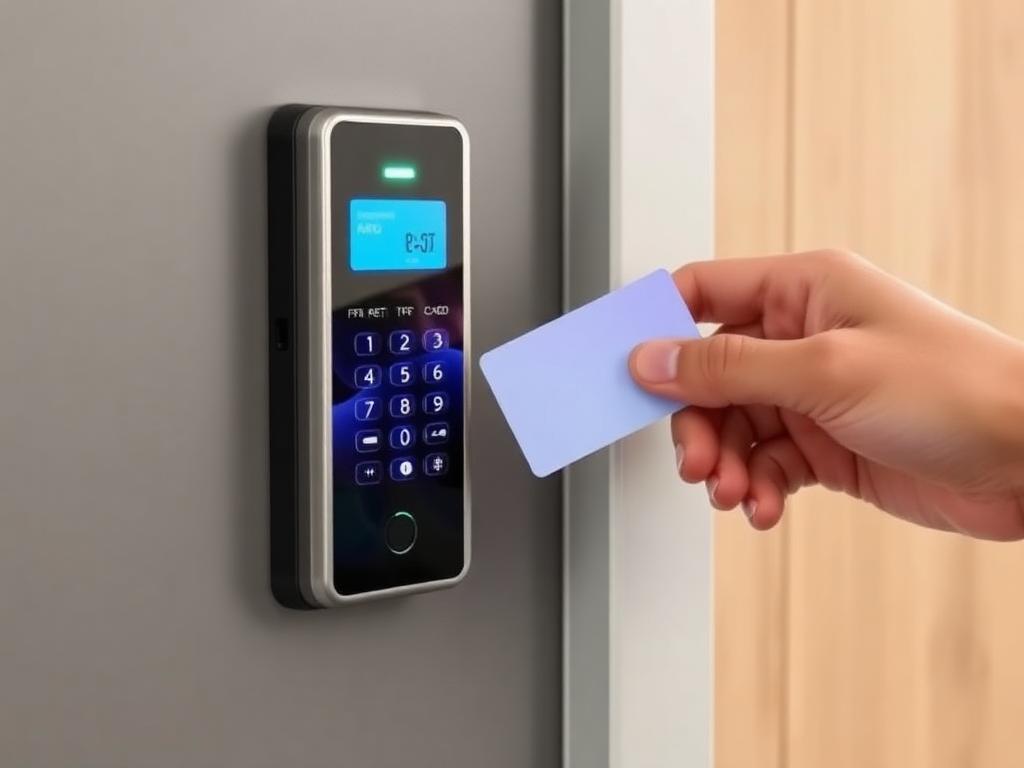 RFID card access reader with a hand tapping a keycard