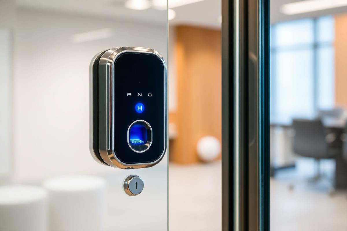 Modern smart fingerprint biometric door lock installed on a sleek glass office door