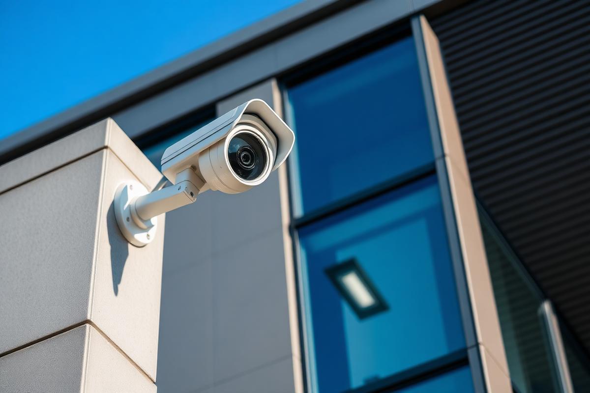 Professional outdoor CCTV bullet camera installed on a modern office building