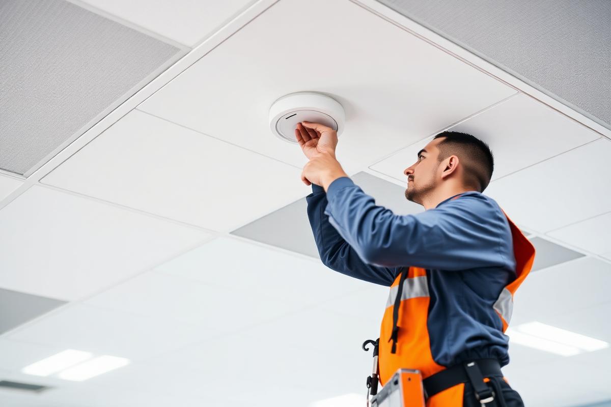 GP Smart Solutions technician in uniform installing a WiFi access point on an office ceiling