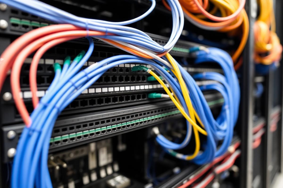 Neatly organized network patch panel with color-coded ethernet cables in a data center rack