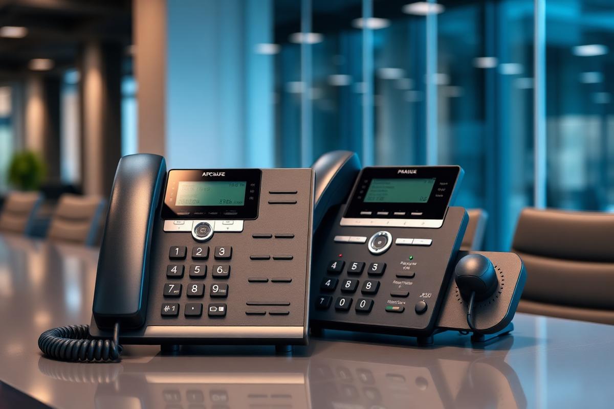 Professional IP desk phones and PABX telephony system on a modern office desk