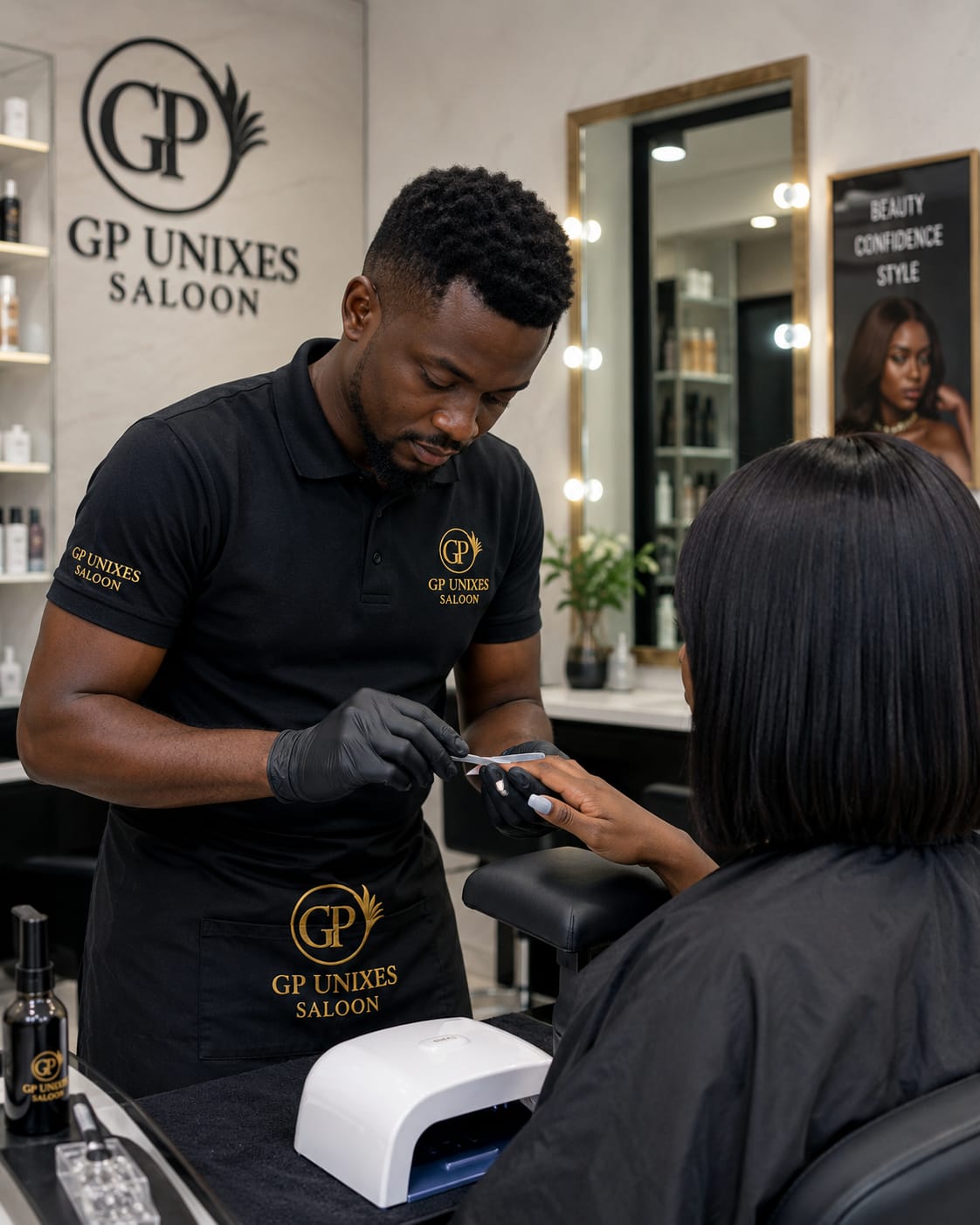 GP Unixes Saloon professional performing a precision manicure with black gloves and branded apron in a luxury salon setting