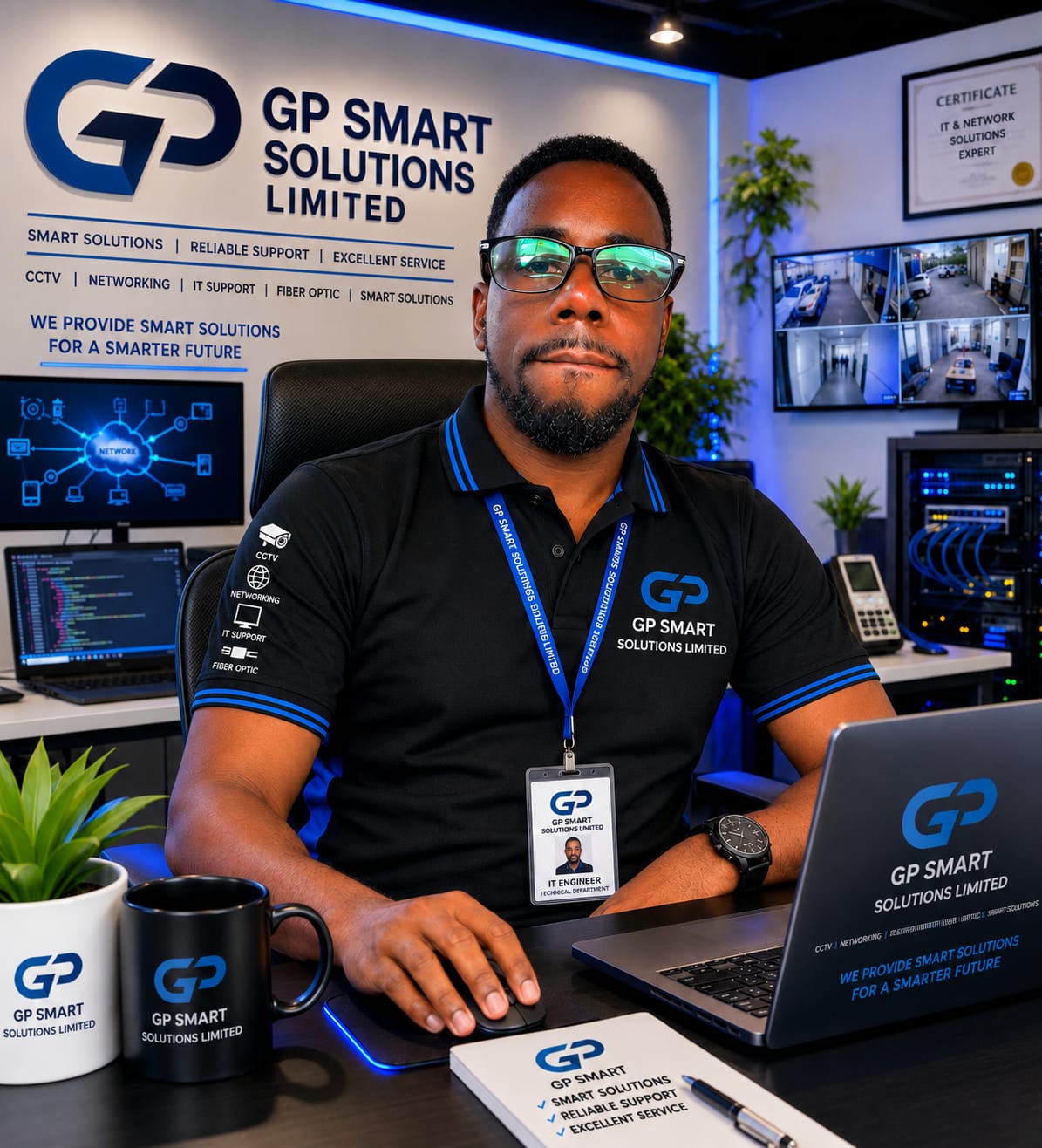 GP Smart Solutions IT Engineer at the branded technical department — CCTV monitoring, networking rack, coding workstation and certified IT & network solutions expert