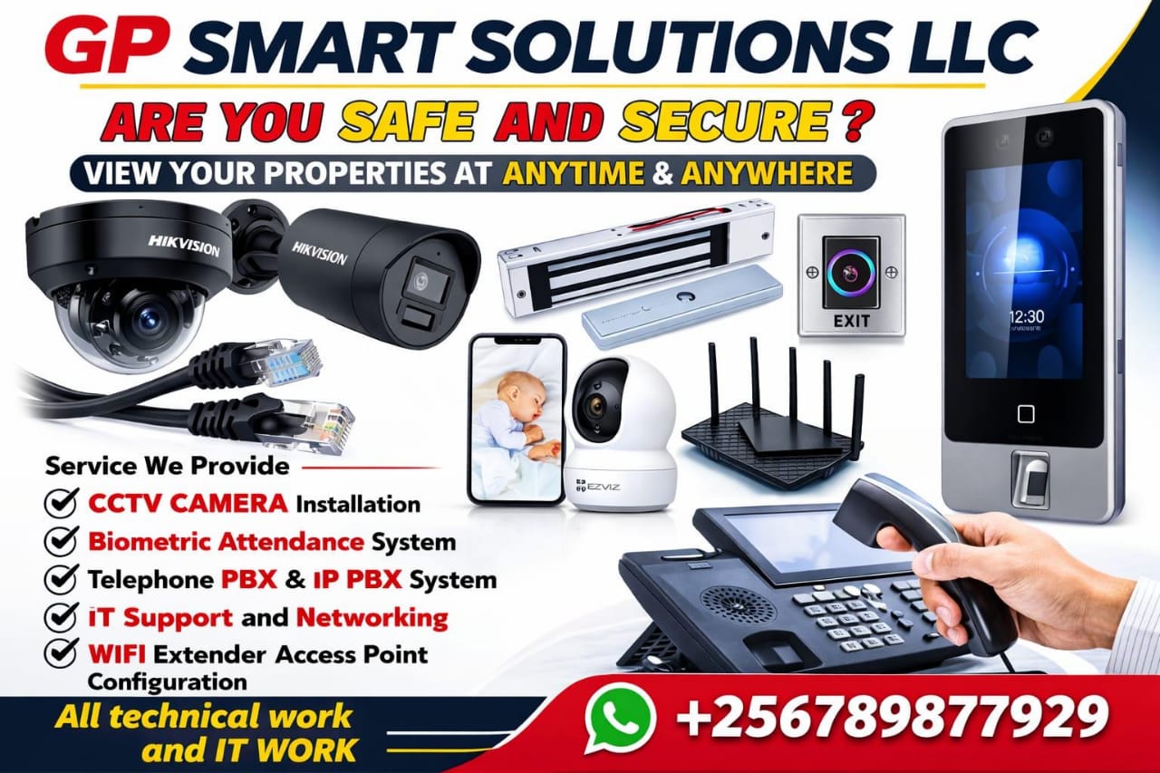 Range of security and networking equipment installed by GP Smart Solutions: Hikvision CCTV cameras, biometric access control, IP PBX phones, WiFi routers and network cabling