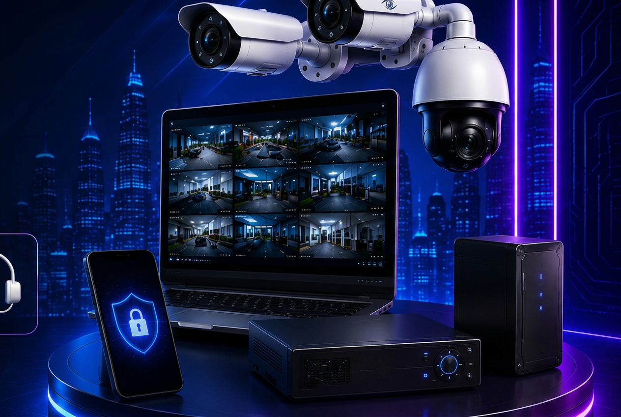 Range of security and networking equipment installed by GP Smart Solutions: Hikvision CCTV cameras, biometric access control, IP PBX phones, WiFi routers and network cabling