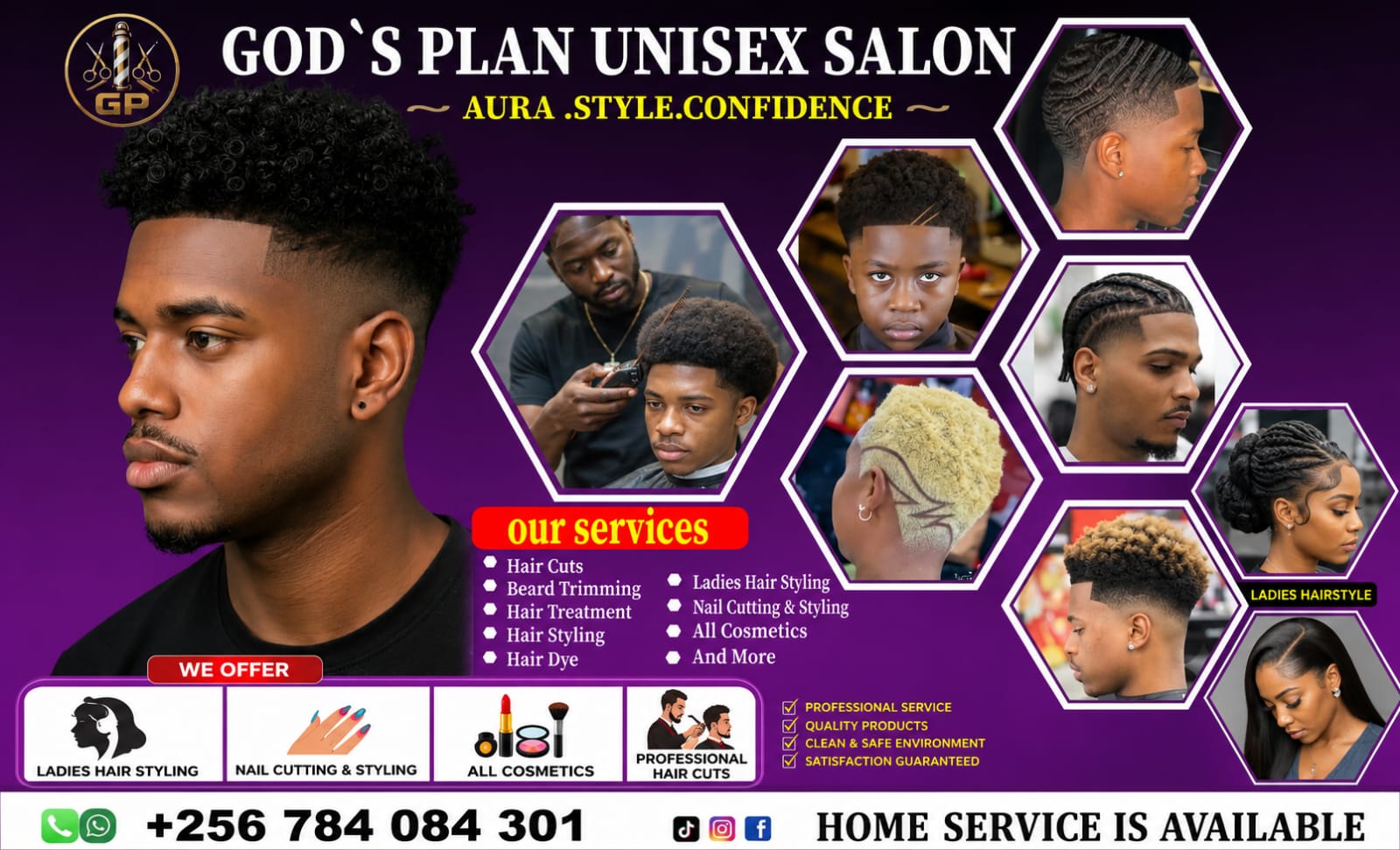 God's Plan Unisex Salon showcase: professional haircuts, beard trimming, ladies hair styling, nail cutting and cosmetics