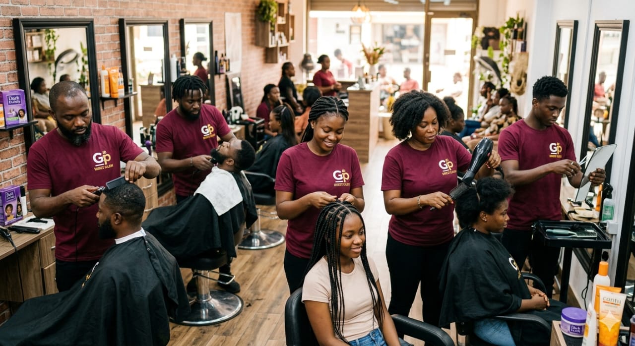 GP Unisex Salon stylists serving clients