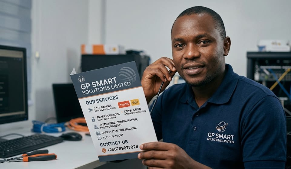 GP Smart Solutions services flyer: CCTV, smart door locks, Airtel & MTN internet, attendance, PABX, POS and IT support