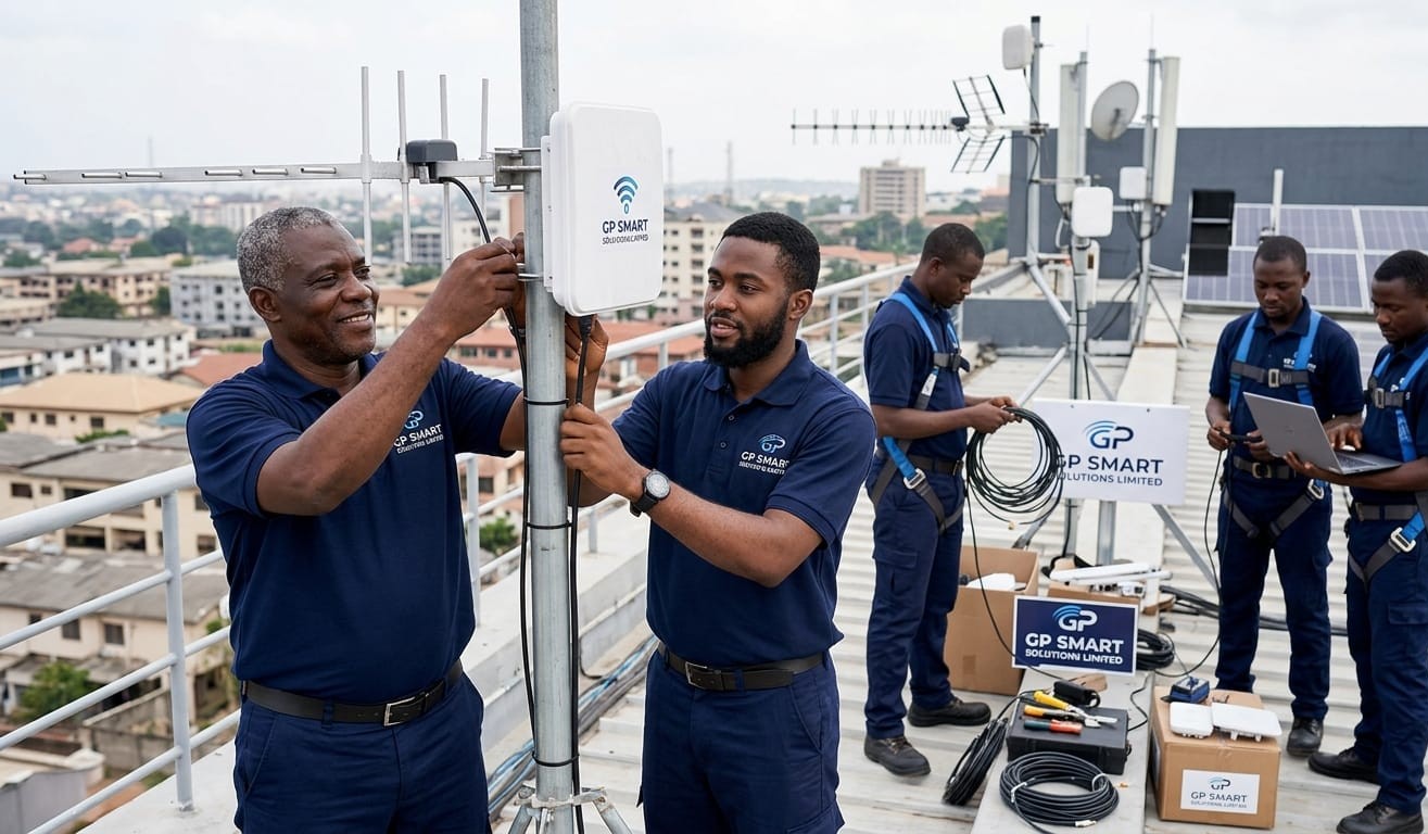 GP Smart Solutions field engineers installing a rooftop antenna and network equipment in Kampala