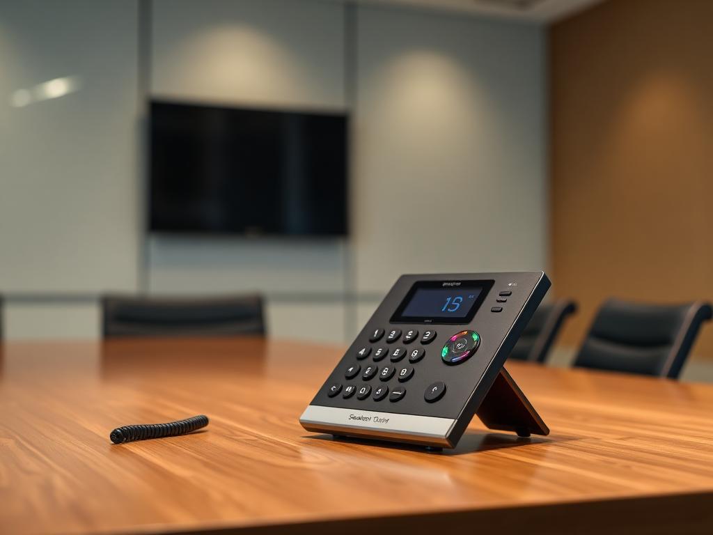 Modern conference speakerphone on a boardroom table