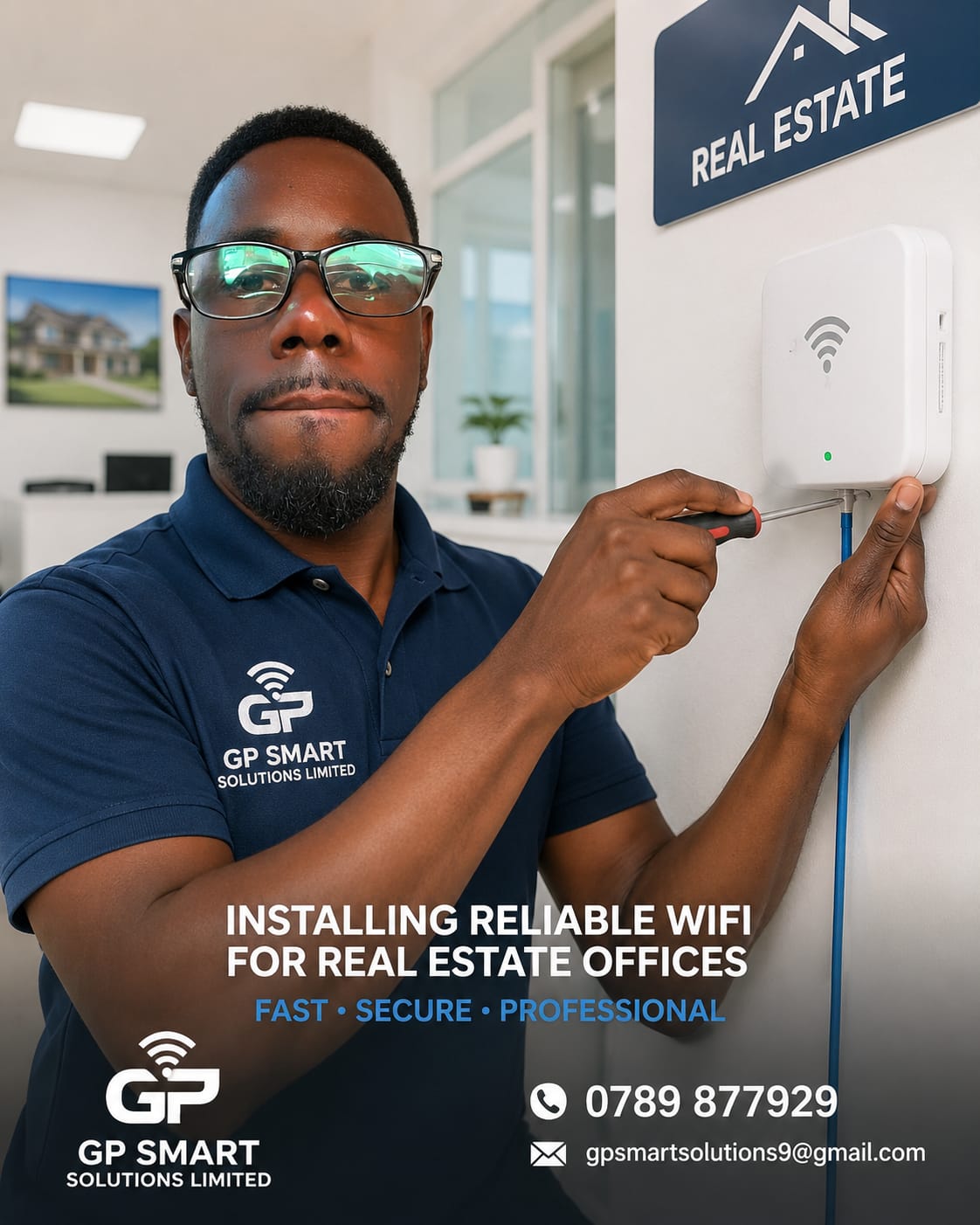 GP Smart Solutions technician installing reliable WiFi access point at a real estate office